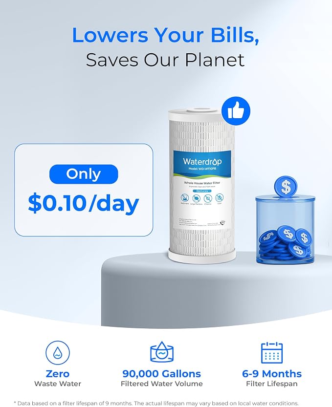 Waterdrop WF10PB Whole House Water Filter, Compatible with WHF21-PBH and WHF21-PBL, GE FXHTC, GXWH40L, iSpring, Culligan RFC-BBSA, Whirlpool, Any 10" x 4.5" System, Reduces Chlorine, Sediment