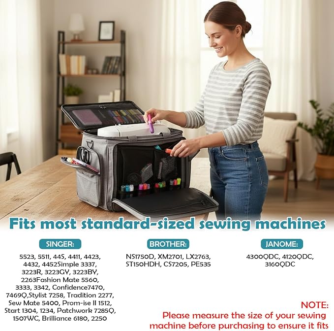 Sewing Machine Case with Wheels - Detachable Rolling Sewing Machine Case Fits Most Standard Sewing Machines And Storage Sewing Accessories, For Singer, Brother, Janome, Grey