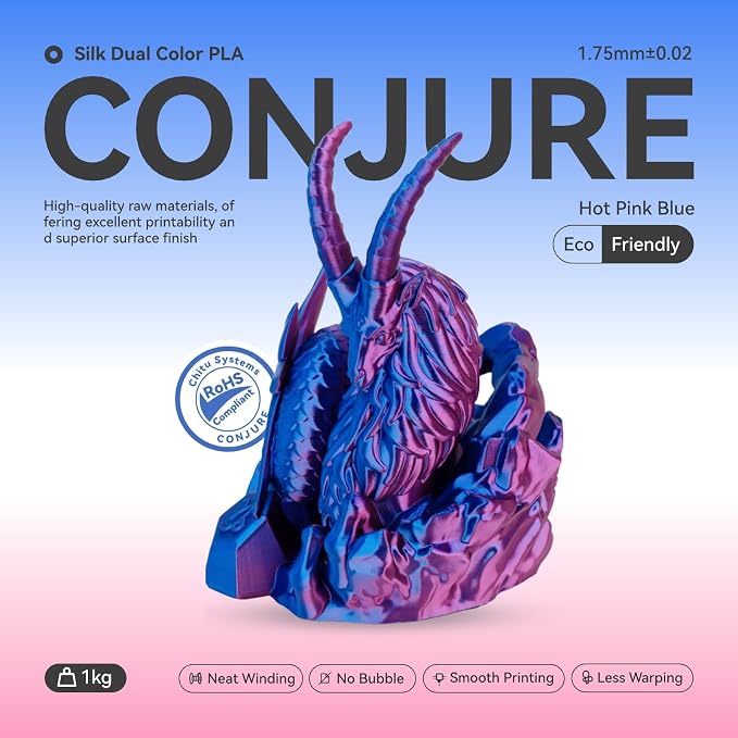 Chitu Systems Conjure Silk PLA 3D Printer Filament, 2KG Spool (4.4lbs), 1.75mm Dual Color Filament, Dimensional Accuracy +/-0.02mm, Silk 3D Printing Filament Bundle, (Hot Pink Blue 2-Pack)