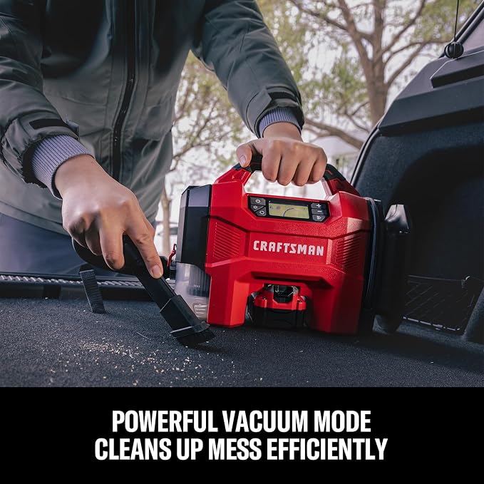 CRAFTSMAN 3-in-1 Tire Inflator Portable Air Compressor 160 PSI with Battery | Cordless pump/Car Vacuum/Dust Blower with 4.0Ah Battery & 12V Charger & LED Light for Car, Bike, Ball, Inflatable Mat & SUP