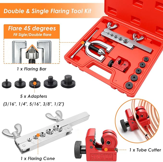 3/16Inch + 1/4 Inch Brake Line Repair Kit, 2 Set 25FT 3/16 1/4 Brake Line with 102Pcs Fittings (Includes 8 Unions) and Double & Single Brake Line Flaring Tool Kit & Brake Line Bender(Gold)
