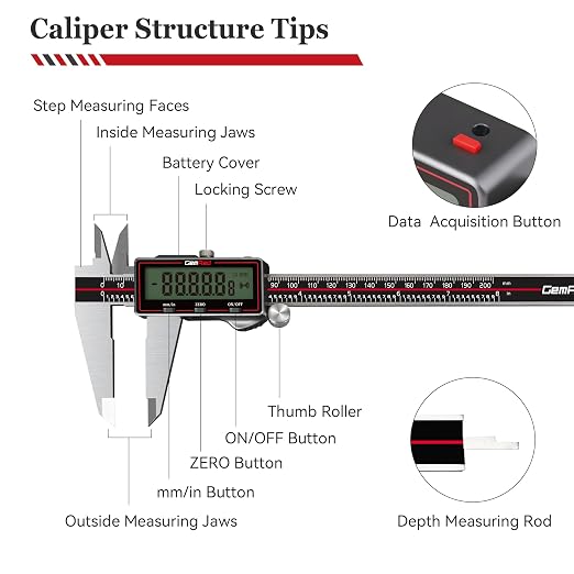 GemRed Wireless Digital Caliper, 8 Inch Stainless Steel Precision Measuring Tool with Data Output, Inch/MM Conversion, Zero Reset, Auto Off, for DlY, Woodworking, Jewelry Making