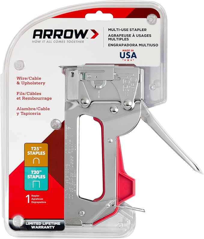 Arrow T2025 2-In-1 Staple Gun and Wire Tacker for Upholstery, Crafts and Low Voltage Wiring, Fits 3/8”, 7/16", or 9/16” Round Crown