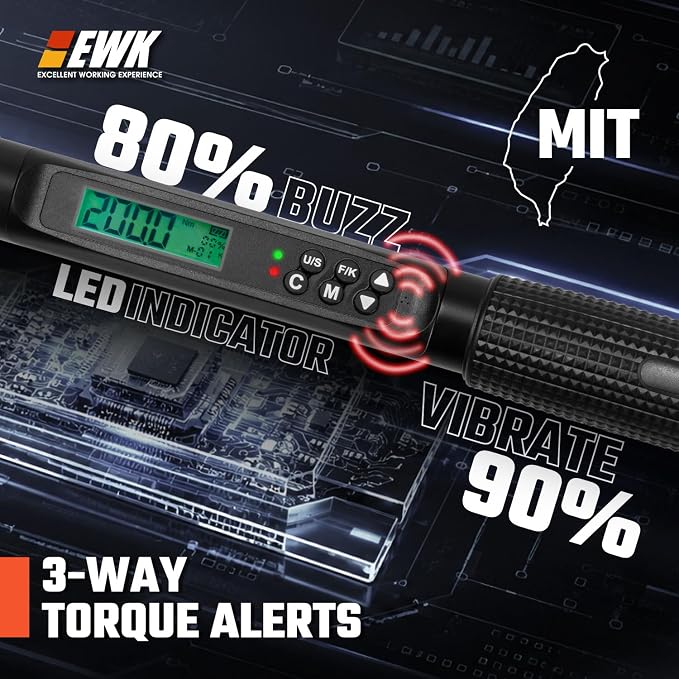 EWK 1/2 Inch Drive Digital Torque Wrench 7.4-147.6 ft-lbs (10-200 Nm) | IS0 6789, ±1.5% clockwise / ±2.5% counterclockwise, LCD Display, LED Buzzer Vibration Alert, 30 Memory Values