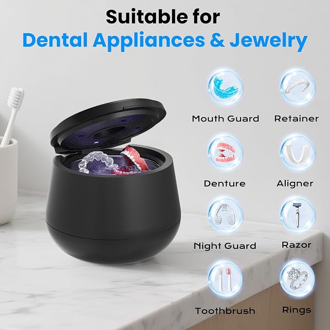 45kHz Ultrasonic Retainer Cleaner, 200ML Dental Cleaning Pod for Dentures, Mouth Guards, Braces, Aligner, Toothbrush Jewelry and More, UV Denture Cleaner with 4 Modes dental care