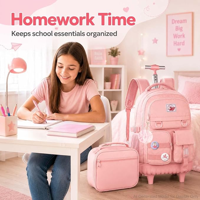 CCJPX Rolling Backpack for Girls Women, 21 inch Roller Wheels School Bookbag, Wheeled Suitcase Backpacks with Lunch Bag for Teen - Pink