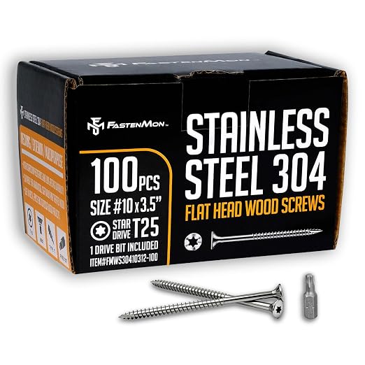 304 Stainless Steel Deck Screws, #10 x 3-1/2", 100 PCS | Torx Flat Head Type 17 Point with T25 Bit, Ideal for Outdoor Wood Projects, Fences, Benches, Picnic Tables, Decks, Bulk Box