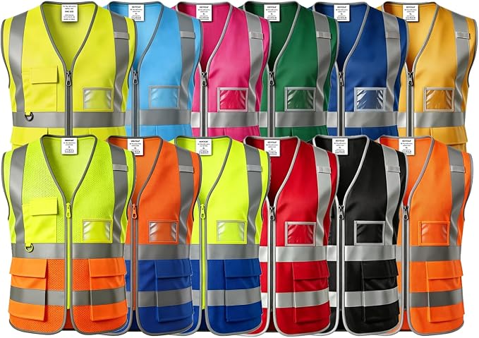 12 Pack Hi Vis Reflective Safety Vest Multi Pockets & Zipper Class2 | Construction Work Vest for Men and Women,Warehouse Crews,Road Workers,Volunteers,Security,Baggage Handling,Survey,Airport
