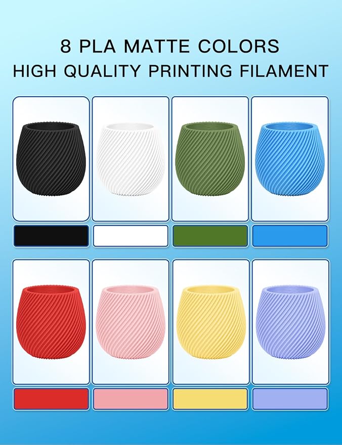 PINBALL 8 KG Matte PLA 3D Printer Filament 1.75mm, Matte Surface Multicolor PLA Filament, Individually Vacuum Packed, 1kg Spool, 8 Rolls, Black+White+Red+Yellow+Blue+Green+Purple+Pink