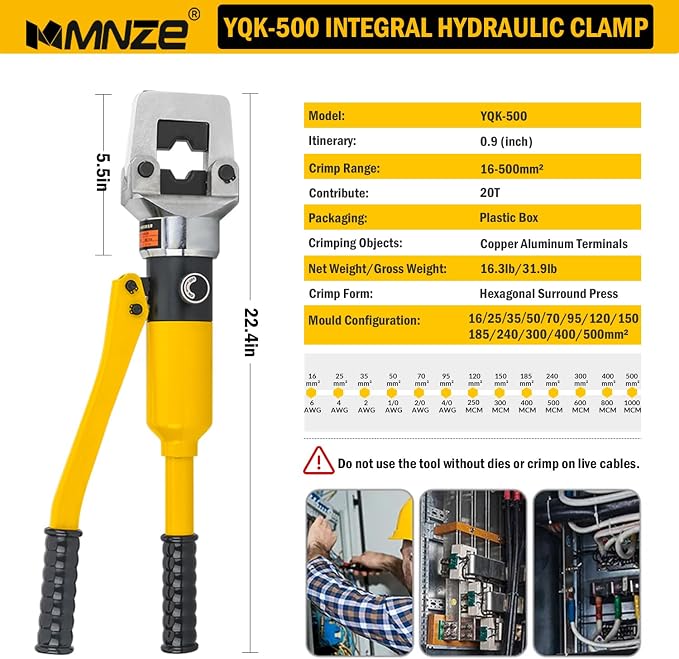 20 Ton Hydraulic Cable Lug Crimper Pliers 6 AWG to 1000 MCM Hand Operated Hydraulic Crimping Tool Kit Wire Terminal Lug Battery Crimping Crimper with 13 Dies