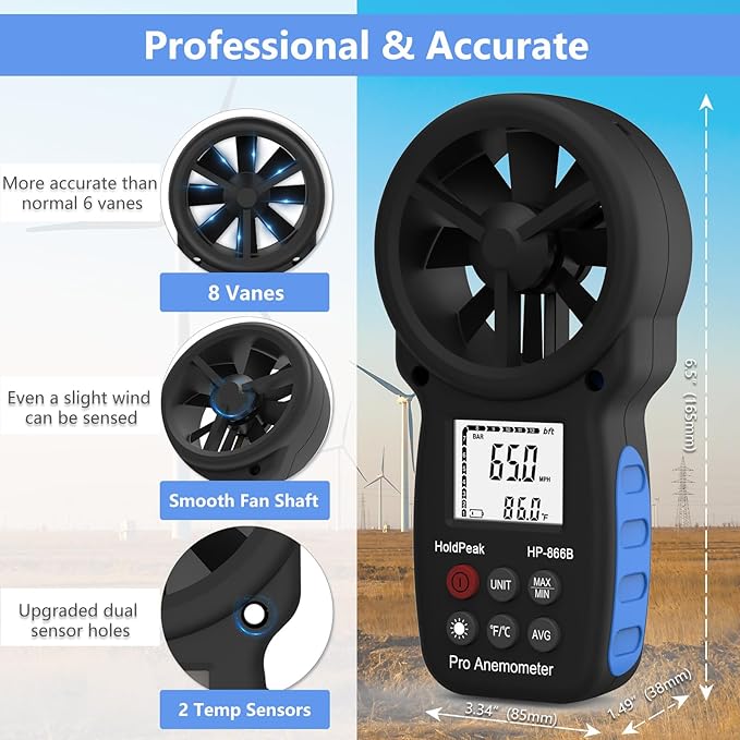 HoldPeak Handheld Anemometer Bluetooth with Tripod, Digital Wind Speed Gauge Meter, Air Flow Velocity Temperature CFM Measuring Device for HVAC Outdoor Sailing Shooting Golf, 866B-APP