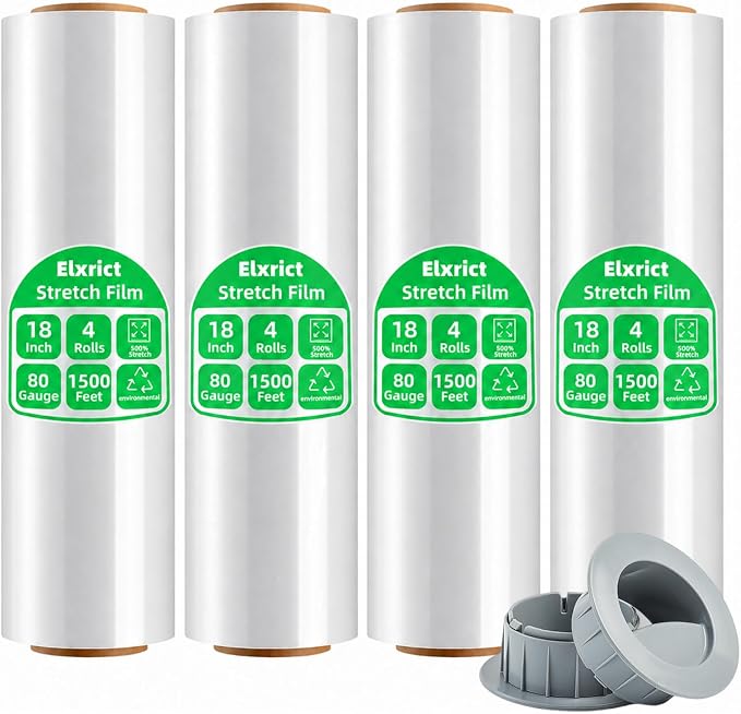18in Stretch Wrap Roll, Heavy Duty 1500ft Shrink Wrap, 4 Pack with Handle | 80 Gauge, Industrial Strength, Clear Stretch Film, Self-Adhesive, Plastic Wrap for Pallet Wrapping Shipping Moving Furniture