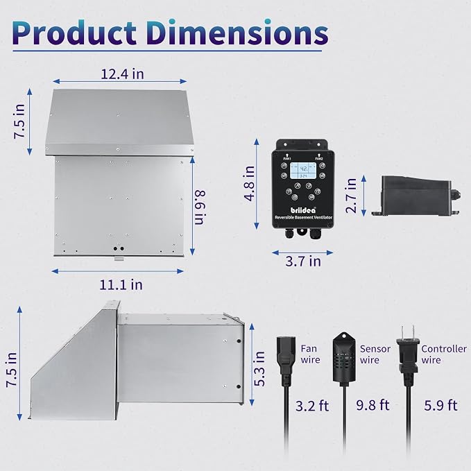 Reversible Basement Ventilation Fan with Dual 100 CFM Fans, Independent Speed Control, Smart Humidity & Timer Modes, Real-Time Display, Fresh Air Supply & Exhaust for Basement, Storeroom, Wine Cellar