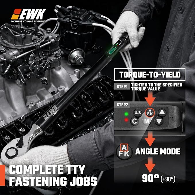 EWK 1/2" Drive Digital Angle Torque Wrench 12.5-250 ft-lbs (17-340 Nm) | ISO 6789, ±1.5% clockwise / ±2.5% counterclockwise/ ±2% Angle, LCD Display, LED Buzzer Vibration Alert, 30 Memory Values