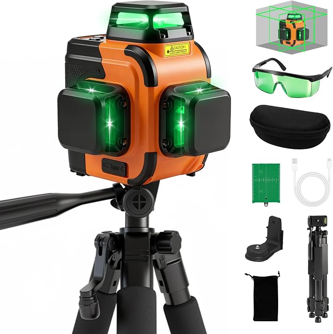 3x360° Lasers Level 2 Second Self Leveling with Tripod– Pro Grade | 12-line 3x360° green laser level with tripod, 4000mAh rechargeable battery, self-leveling, slope mode & durable housing.