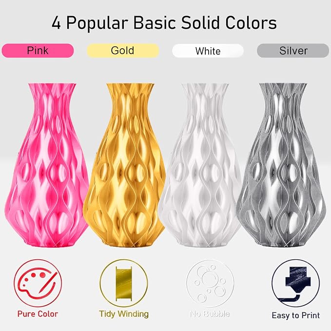 YOUSU 3D Printer Filament, 250G PLA Silk Filament Bundle, 1.75mm Smooth Silk Filament Muticolor, Silk PLA Filament 4 Color Pack 4x250g (Gold, Silver, Pink, White)