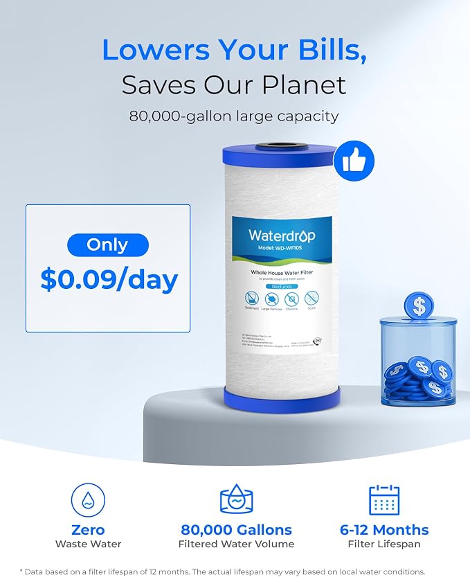 Waterdrop WF10S Whole House Water Filter, Compatible with WHF21-SH, GE® FXHTC, GXWH40L, iSpring, Culligan® RFC-BBSA, Whirlpool®, Any 10" x 4.5" System, Anti-Scale Sediment Filter
