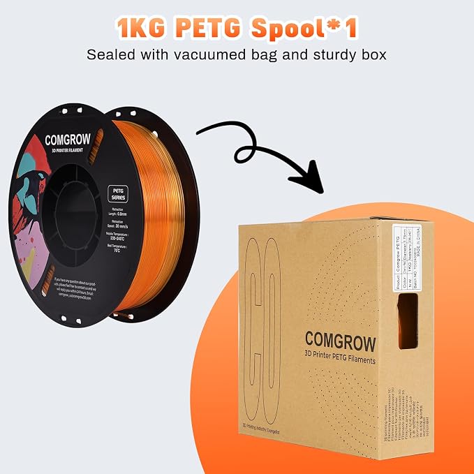 Comgrow PETG 3D Printer Filament 1.75mm, High Precision and Tough 3D Printer Filament 1kg (2.2LBS), Dimensional Accuracy +/- 0.02 mm, Fit Most 3D Printers Gradient Orange White