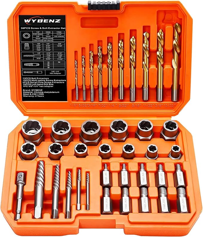 39PCS Screw & Bolt Extractor Set with Left Hand Drill Bit Set,Easy Out Screw Extractor Set,Multi-Spline Stripped Screw Extractor Kit, Bolt Extractor Kit for Studs, Rusted, Bolts & Screws