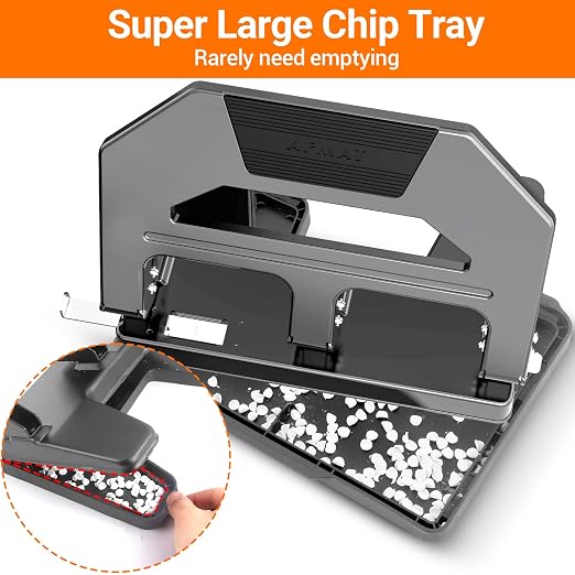 AFMAT Heavy Duty 3 Hole Punch, 40-Sheet Three Hole Puncher for Binder, 50% Reduced Effort Paper Punch, 10K+ Uses, Office Metal Hole Puncher 3 Ring w/Large Tray, Bulit-in S.S. Paper Guide, HPX2(Gray)