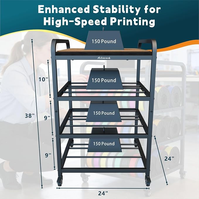 2026 Upgraded AC4 Heavy Duty 3D Printer Table Stand with High Density Polymer Vibration Damping Pads, 4 Tier 3d Filament Storage Rack with Wider Wheels for Home Office, Workshop Studio