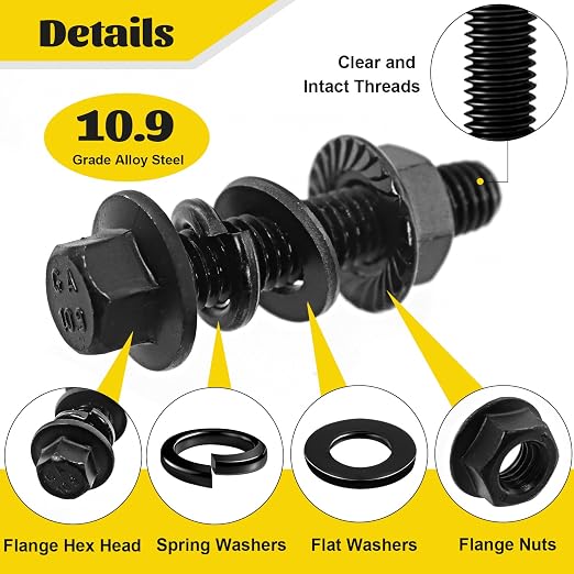 288PCS Metric Flange Head Bolts Assortment Kit,M6-1.0,M8-1.25,M10-1.5 Flanged Hex Bolt and Serrated Flange Nuts Washers Assorted,10.9 Black Zinc Galvanized (Length 12/16/20/25/30 mm)