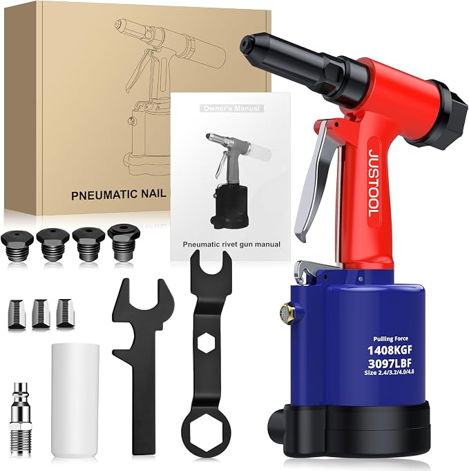 JUSTOOL 3097 LBF Heavy Duty Pneumatic Rivet Gun, Air Rivet Gun 4 Nosepieces 3/32", 1/8", 5/32", 3/16", NPT 1/4 inch Air Riveter Pop Rivet Gun Kit 16mm Maximum Stroke for DIY Automotive Industries