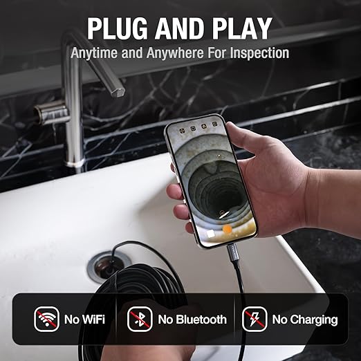 Teslong 50FT USB-C Borescope Inspection Camera with Light, Flexible Waterproof Endoscope Snake Cable, Compatible Only with iPhone 15/16, USB-C iPads & Android Phones for DIY Pipe & Drain Inspection