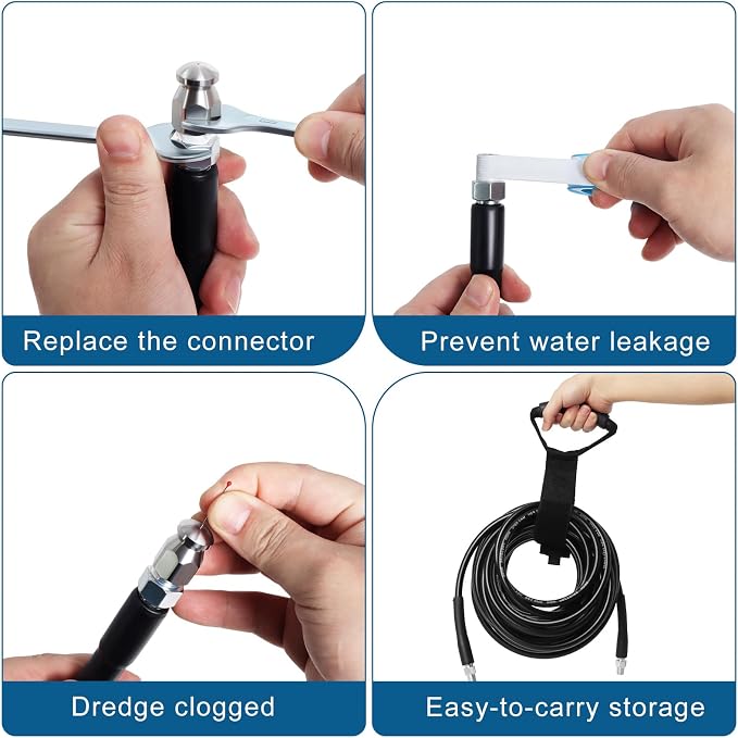50FT Sewer Jetter Kit for Pressure Washer, 5800PSI Drain Cleaner Hose 1/4 Inch NPT Corner with 4 Sewer Jetting Nozzles，Waterproof Tape，Pearl Corsage Pin，Handle Strap & 2 Spanners (Black)