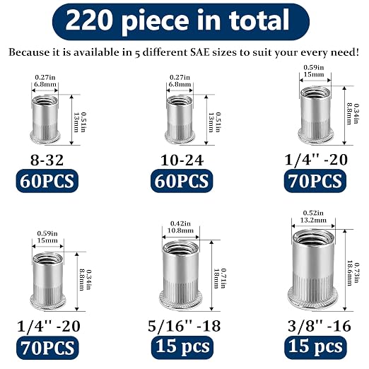 SAE Rivet Nut Assortment Kit(220 Pcs),#8-32#10-24 1/4"-20 5/16"-18 3/8"-16 304 Stainless Steel Flat Head Rivnut Set,Rivnut Threaded Insert Nut