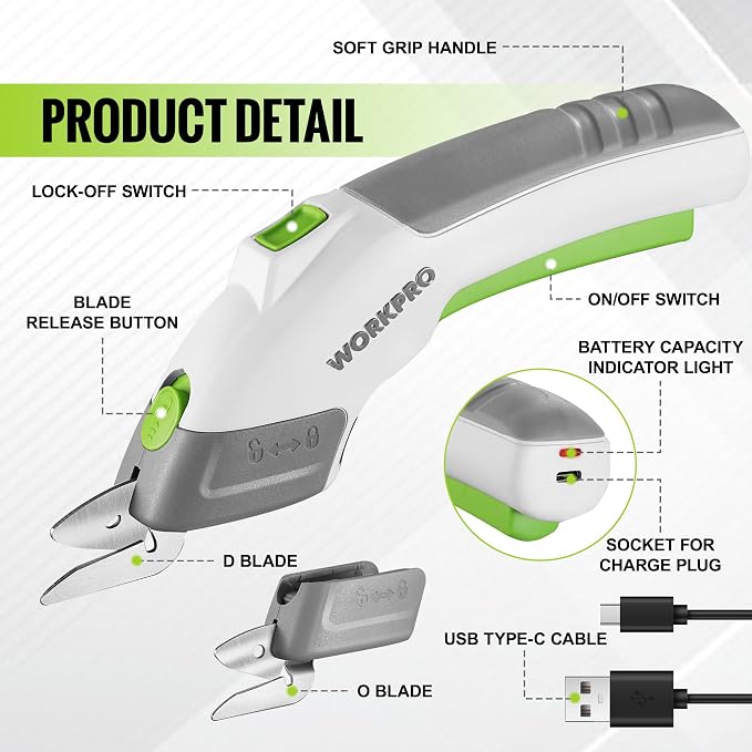 WORKPRO Cordless Electric Scissors with 2 Blades, 4V Rechargeable Powerful Shears Cutting Tool for Fabric, Leather, Carpet and Cardboard, Power Shears for Sewing, Scrapbooking, Crafting