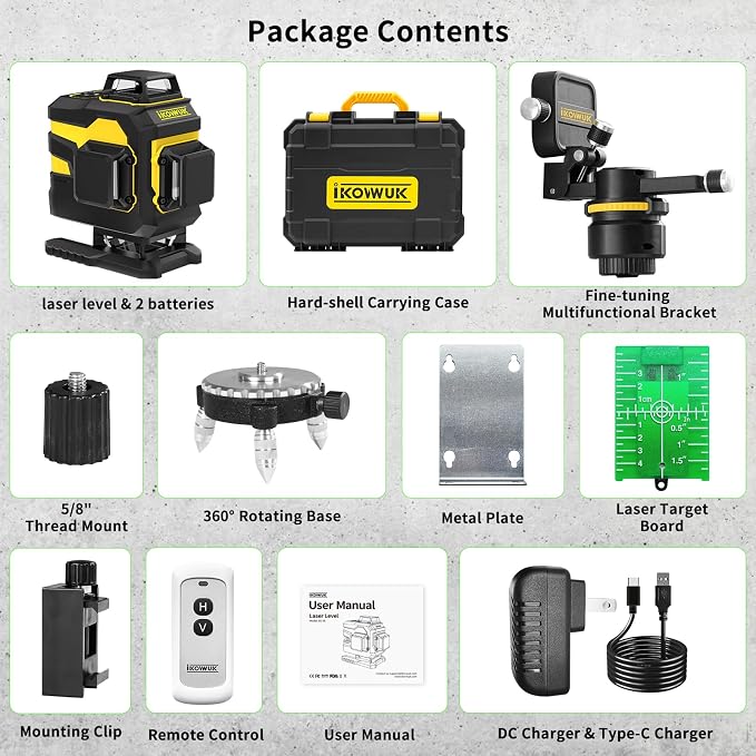 IKOVWUK 4x360° Laser Level Pro Kit, Self-leveling Tool for Construction, Tiling Floor & Picture Hanging, 4D Cross Line Laser Level with Fine-tuning Bracket, 16 Lines Laser level with 2*4000mAh Battery