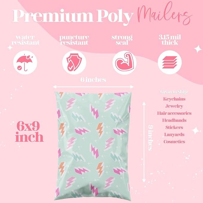 Pretty Package Store Designer Poly Mailers, 10x13, Lightning Bolt, 100 Pack | Heavy Duty, Waterproof, Self Seal, Tear Resistant, Shipping Bags for Small Business Packaging, Bulk Mailing Envelopes