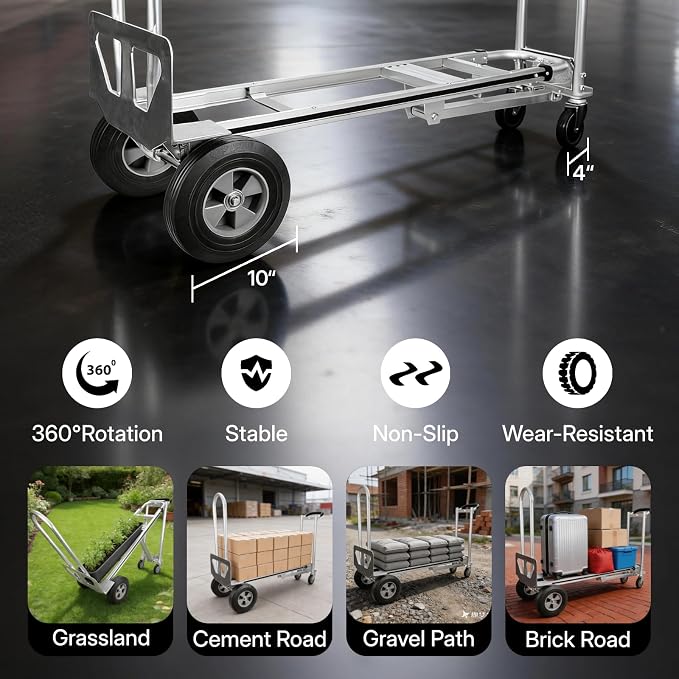 NORTHSKY 3-in-1 Convertible Hand Truck & Platform Cart, 770 lbs Heavy Duty Aluminum Dolly with 10" Solid Rubber Wheels&Folding Nose Extension – Ergonomic Anti-Slip Handle for Transporting & Moving
