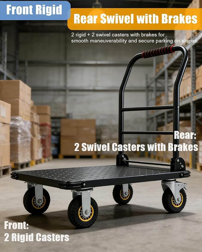 Garvee 1800LBS Platform Truck Cart, 36"x24" Large Utility Push Cart with 6" Swivel Wheels with Brakes, Foldable Hand Truck for for Groceries,Garage,Warehouse, Black