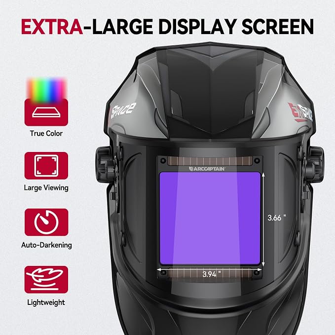 ARCCAPTAIN Large Viewing Screen 3.93"X3.66" Welding Helmet, True Color 1/1/1/1 Solar Power Auto Darkening Welding Hood with 4 Arc Sensor, Wide Shade 4/5-9/9-13 for TIG MIG ARC, Grey