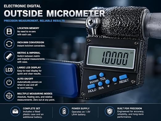 Accusize Industrial Tools 3-4''/75-100 mm 7 Keys Electronic Digital Outside Micrometers, 0.00005'' Or 0.001 mm Resolution, Ac21-4022 | IP54 Rated, 0.00005"/0.001 mm Resolution, 7-Key, ±0.003" Accuracy