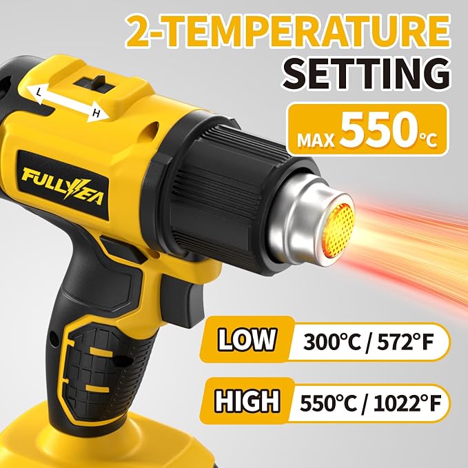 FULLYEA Heat Gun Cordless, 550℃ Fast Heating Gun, 2-Temperature Setting, Portable Hot Air Guns with 2 * 4.0Ah Batteries & 5 Nozzles, Handheld Small Heat Gun Kit for Shrink Tubing, Crafting (Yellow)
