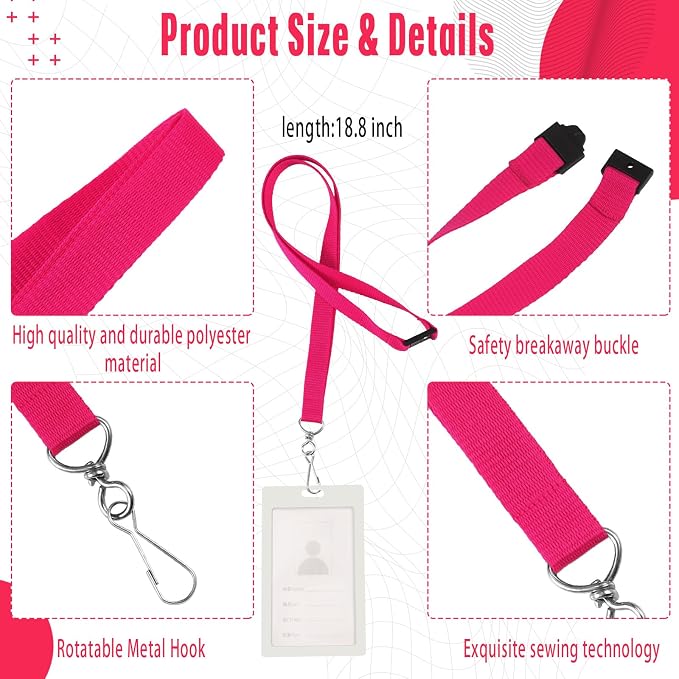 Patelai 12 Pcs Breakaway Lanyards with J Hook Bulk Flat for ID Badges Neck Badge Lanyards Card Nametag Holder Neck Straps (Hot Pink)
