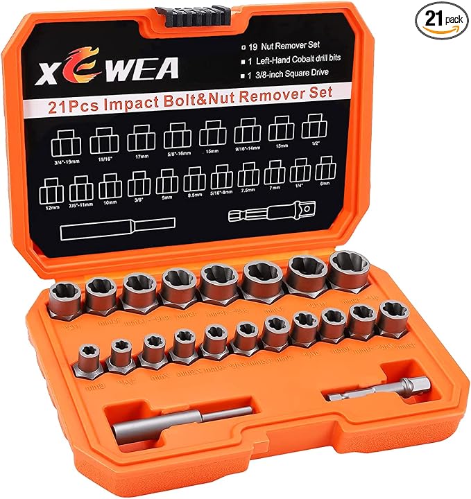 XEWEA 21PCS Bolt Nut Extractor Set, 3/8" Drive Easy Out Broken Lug Nut Extraction Remover Socket Set for Damaged, Frozen,Studs,Rusted, Rounded-Off Bolts & Nuts Screws