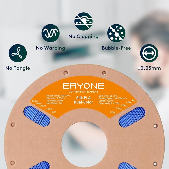 ERYONE Silk Dual Color PLA Filament 3D Printer 1.75mm +/- 0.03mm, Bicolor Filament Two Tone PLA Bundle 2KG Cardboard Spool, Blue Red