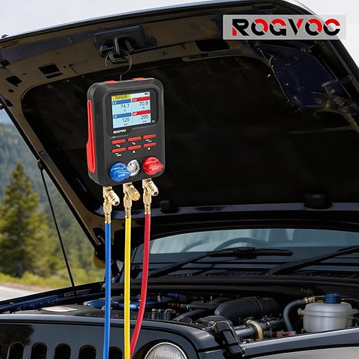 Digital Manifold Gauge, HVAC Refrigerants Digital AC Gauges Set with 2 Thermometer Clamps and 3 Hoses, for R22/R410A/R134A/1234YF Refrigerant Recharge Kit, Black