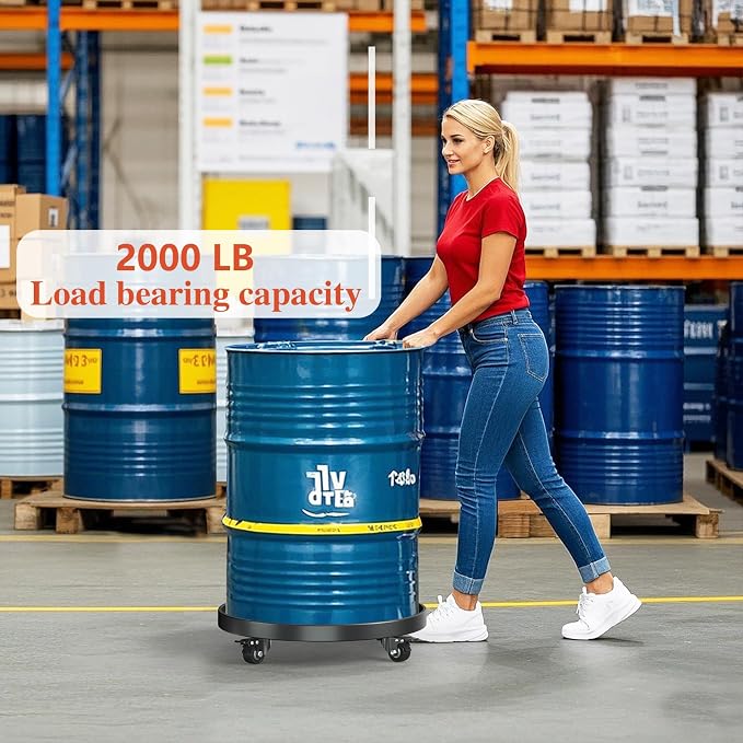 Heavy Duty 55 Gallon Drum Dolly - 2000LB Capacity Stainless Steel Barrel Cart w/4 Swivel Casters | Industrial Warehouse Drum Mover | Non-Tip Design & Steel Frame