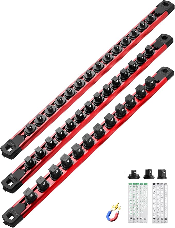 ALOANES Magnetic Socket Organizer Set, 3-Piece Heavy Duty Aluminum Socket Rails, 360° Swivel Clips Socket Rail Kit for Tool Tray Drawer Fit 1/2, 3/8, 1/4-Inch x 40 Clips (Red, 3PC)