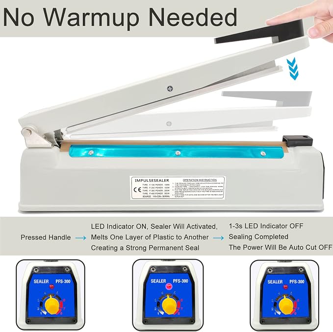 Impulse Heat Sealer 12 Inch 5mm Mylar Bag Sealer, Iron Shell Sealer, Plastic Bag Sealer Machine, with 4 Replacements Kit (2 Cutting Lines Included)