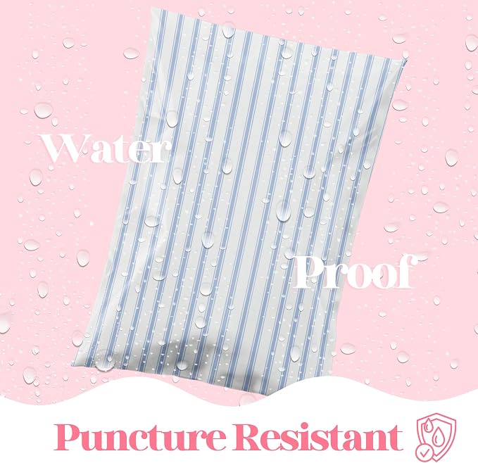 Pretty Package Store 10x13 Designer Poly Mailer 100 Pack Heavy Duty Waterproof Self Seal Shipping Bags for Small Business Large Mailing Envelopes Bulk Tear Resistant Packaging Blue Stripes