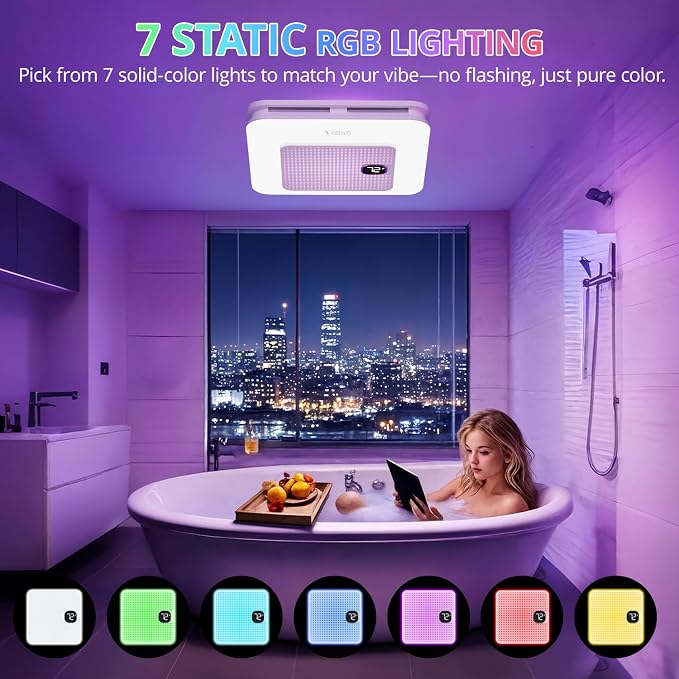 VallisCo Bathroom Exhaust Fan with Bluetooth Speaker, RGB Light & Remote, 230 CFM Quiet Ceiling Fan, 3 Dynamic RGB Lighting, 3000K–6000K Dimmable, Nightlight, Dual Installation