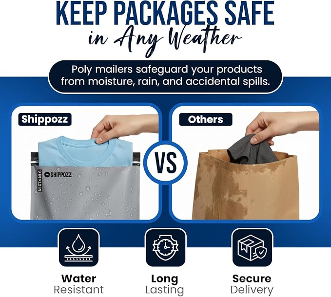 Shippozz 9x12 Poly Mailers 200 Pack, Durable Waterproof Polymailers for Shipping Clothes, Self Seal Mailing Bags for Small Business Packaging Supplies, Mailing Envelopes for Books, and Accessories