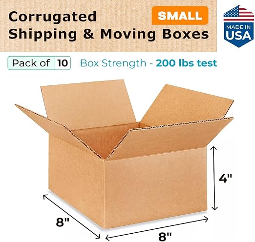 Small Moving & Shipping Boxes 8x8x4 inches (10-Pack) - Extra Strength 200 lb vs Regular - USA-Made Corrugated Packing Boxes for Moving - Durable Cardboard Box - Box for Packaging by IDL Packaging
