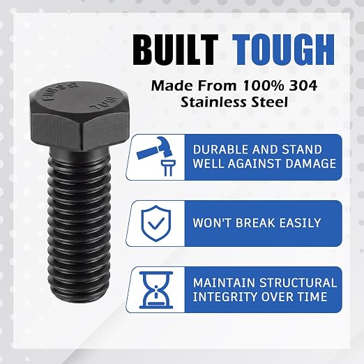 Zonon 50 Pcs 3/8-16 x 1 Hex Head Screw Bolt 18-8 (304) Stainless Steel Hexagon Bolts, Fully Threaded, Plain Finish, External Hex Drive (Black)